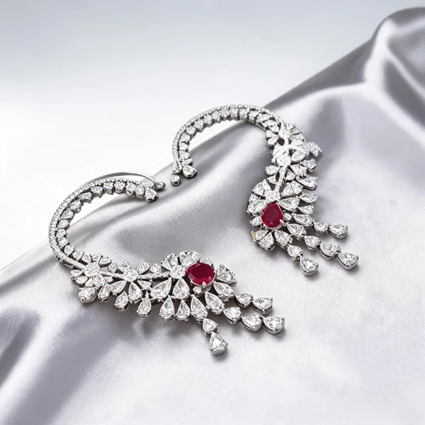 Ruby_Red_Artificial_Diamond_Floral_Ear_Cuff_Earrings_For_Women