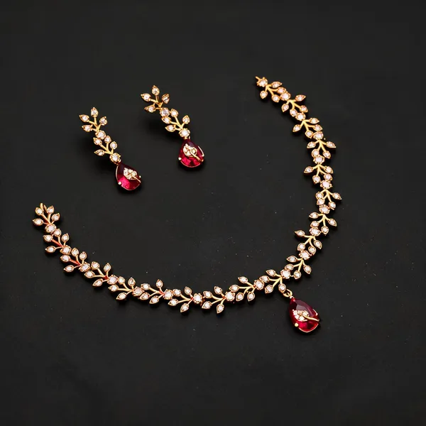 Ruby_Red_Ad_Alloy_Floral_Leaf_Necklace_Set_For_Women