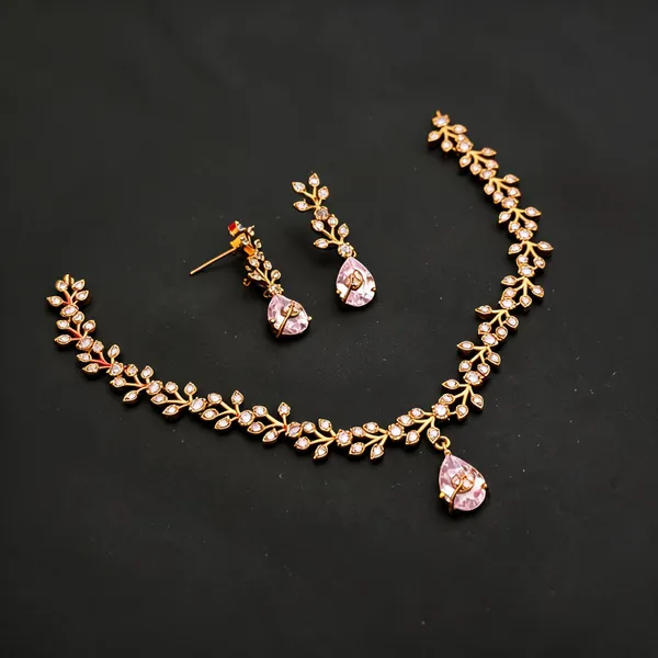 Baby_Pink_Ad_Alloy_Leaf_Teardrop_Necklace_Set_For_Women