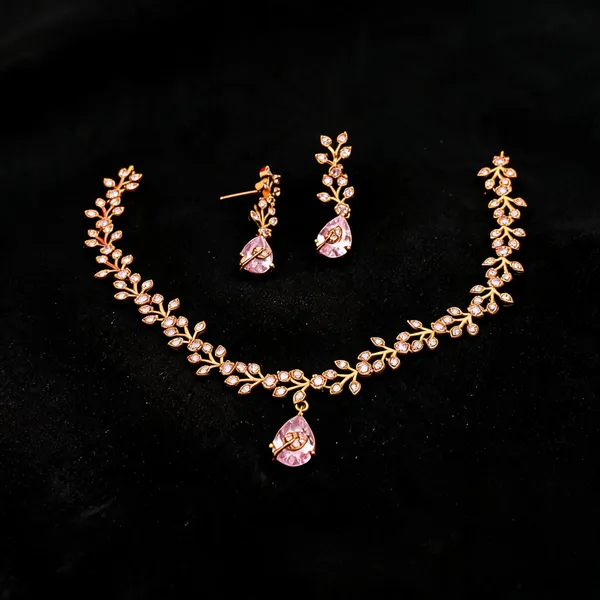 Baby_Pink_Ad_Alloy_Leaf_Teardrop_Necklace_Set_For_Women