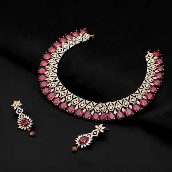 Ruby_Red_Ad_Alloy_Teardrop_Stone_Necklace_Set_For_Women