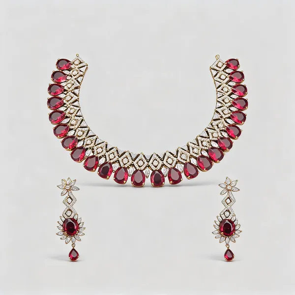 Ruby_Red_Ad_Alloy_Teardrop_Stone_Necklace_Set_For_Women