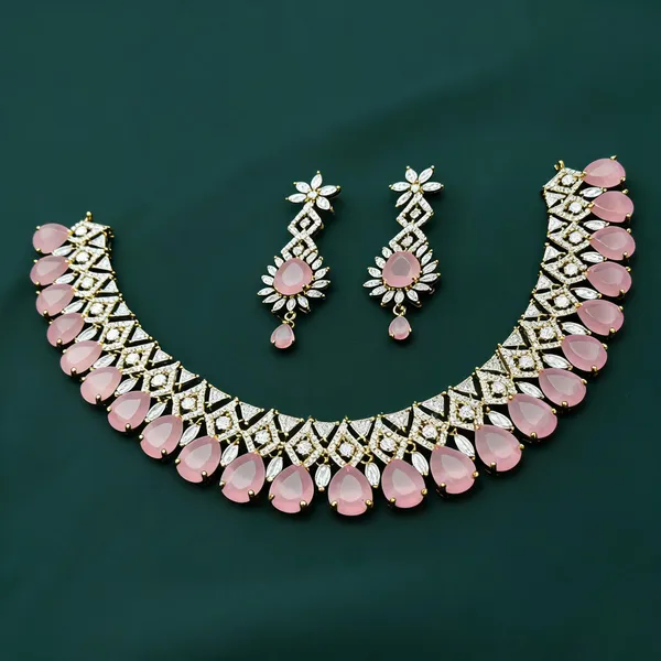 Baby_Pink_Ad_Alloy_Lattice_Teardrop_Stone_Necklace_Set_For_Women