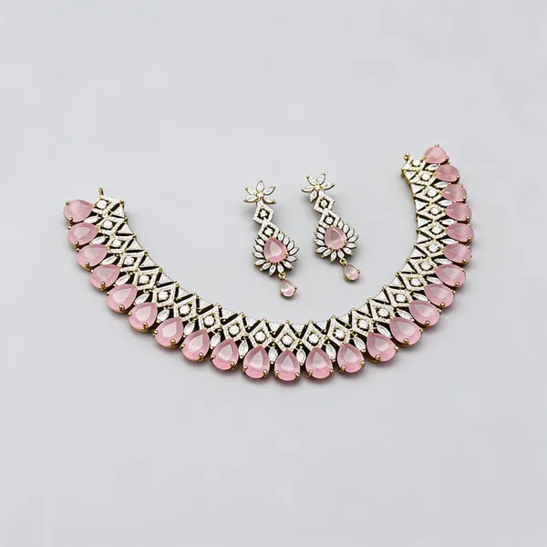 Baby_Pink_Ad_Alloy_Lattice_Teardrop_Stone_Necklace_Set_For_Women