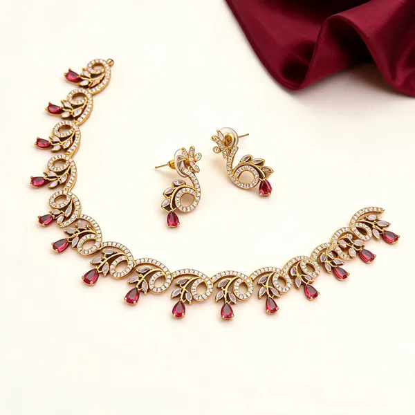 Ruby_Red_Ad_Alloy_Floral_Tulip_Necklace_Set_For_Women