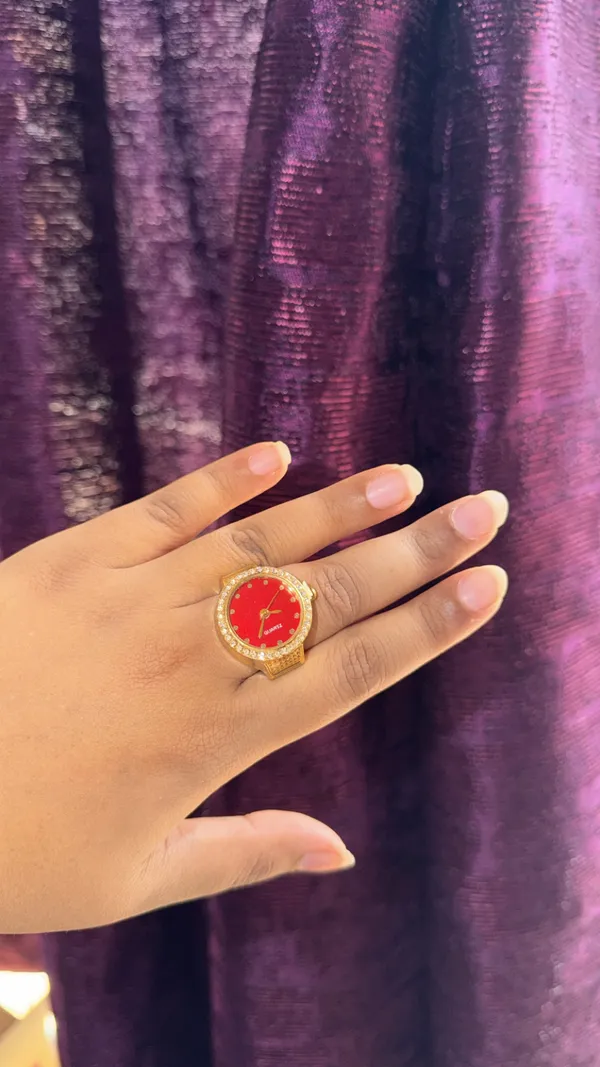 Gold_And_Red_Stainless_Steel_Red_Dial_Ring_Watch_For_Women