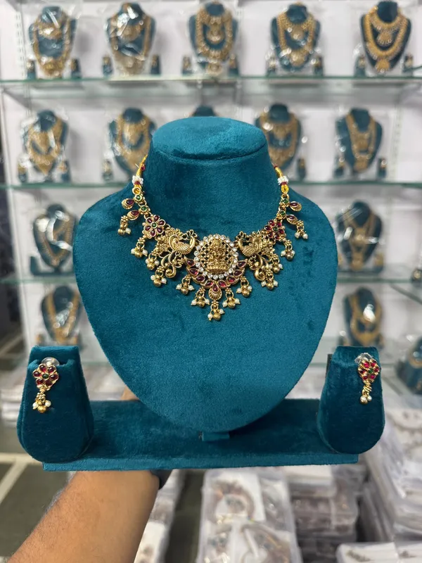 Gold_&_Maroon_Brass_Temple_Lakshmi_Necklace_Set_For_Women