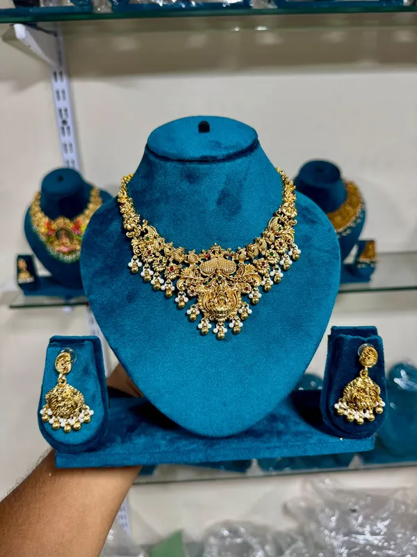 White_&_Gold_Heavy_Brass_Temple_Lakshmi_Necklace_Set_For_Women