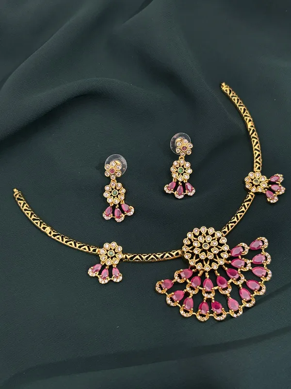 Ruby_Red_Ad_Alloy_Pink_Stone_Floral_Necklace_Set_For_Women