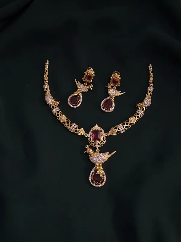 Ruby_Red_Ad_Alloy_Peacock_Hasli_Necklace_Set_For_Women