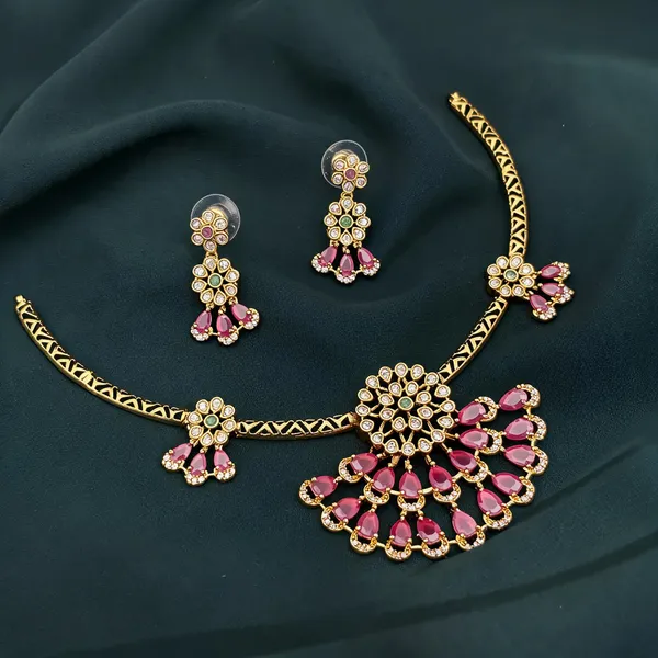 Ruby_Red_Ad_Alloy_Pink_Stone_Floral_Necklace_Set_For_Women