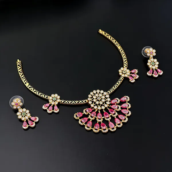 Ruby_Red_Ad_Alloy_Pink_Stone_Floral_Necklace_Set_For_Women