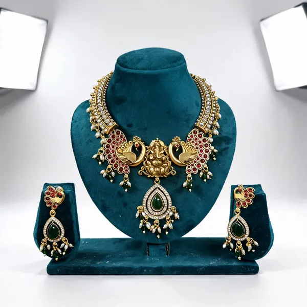 Red_&_Green_Heavy_Brass_Ganesha_Necklace_Set_For_Women