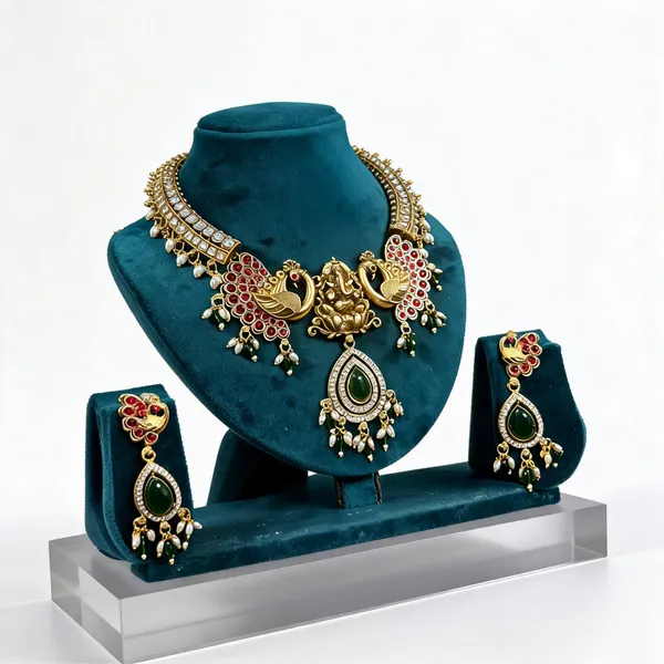 Red_&_Green_Heavy_Brass_Ganesha_Necklace_Set_For_Women