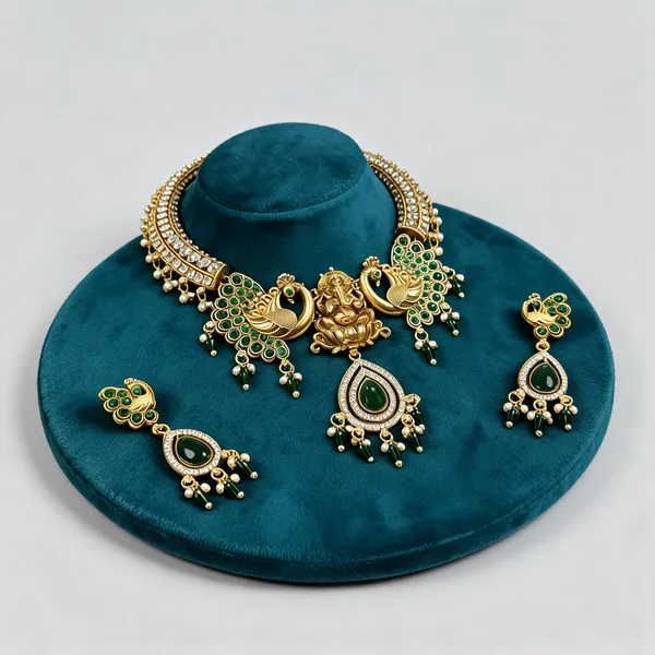Green_Heavy_Brass_Peacock_Temple_Necklace_Set_For_Women