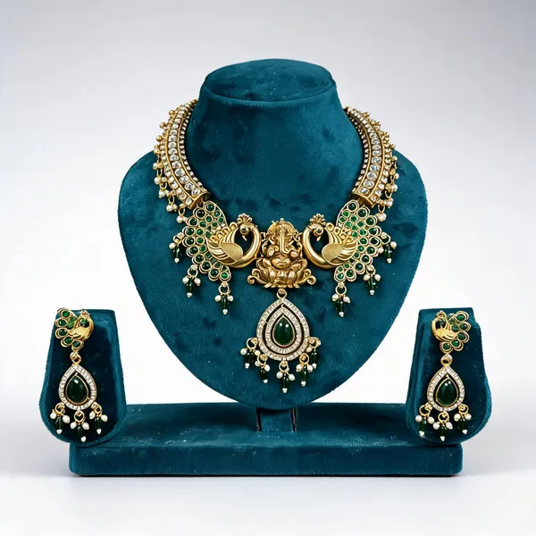 Green_Heavy_Brass_Peacock_Temple_Necklace_Set_For_Women