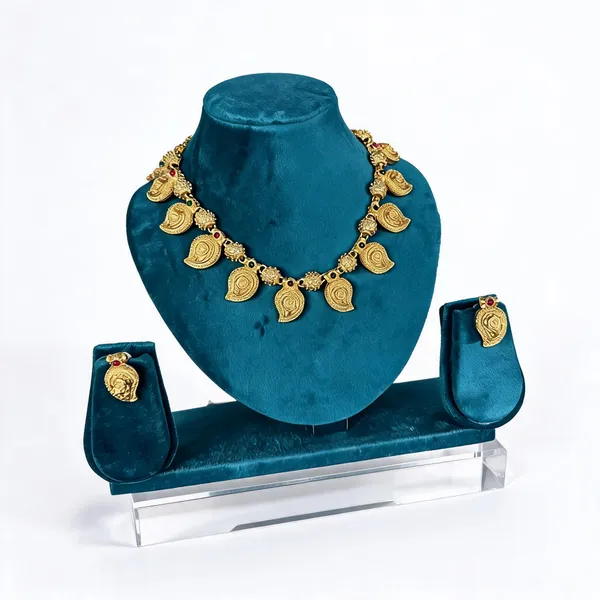 Gold_Brass_Temple_Mango_Short_Necklace_Set_For_Women