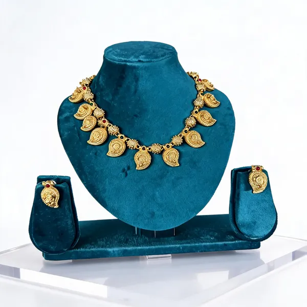 Gold_Brass_Temple_Mango_Short_Necklace_Set_For_Women