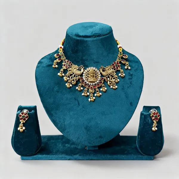 Gold_&_Maroon_Brass_Temple_Lakshmi_Necklace_Set_For_Women