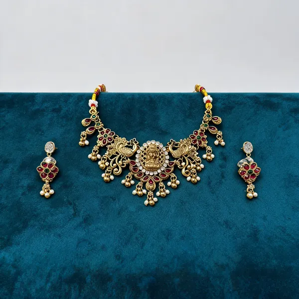 Gold_&_Maroon_Brass_Temple_Lakshmi_Necklace_Set_For_Women