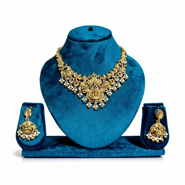 White_&_Gold_Heavy_Brass_Temple_Lakshmi_Necklace_Set_For_Women