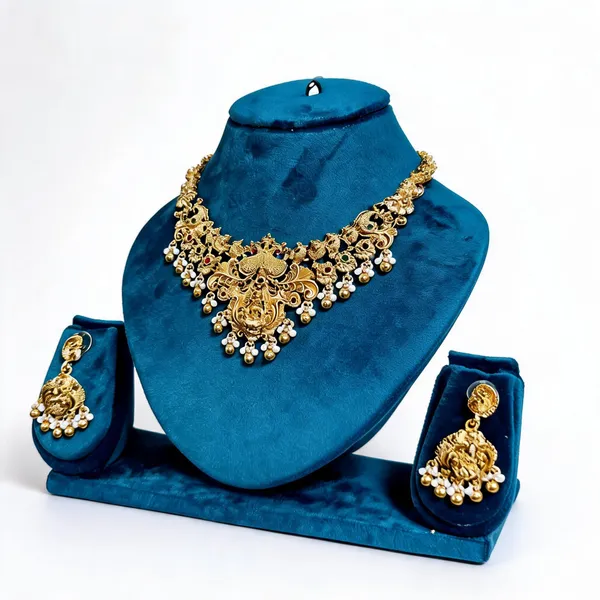 White_&_Gold_Heavy_Brass_Temple_Lakshmi_Necklace_Set_For_Women
