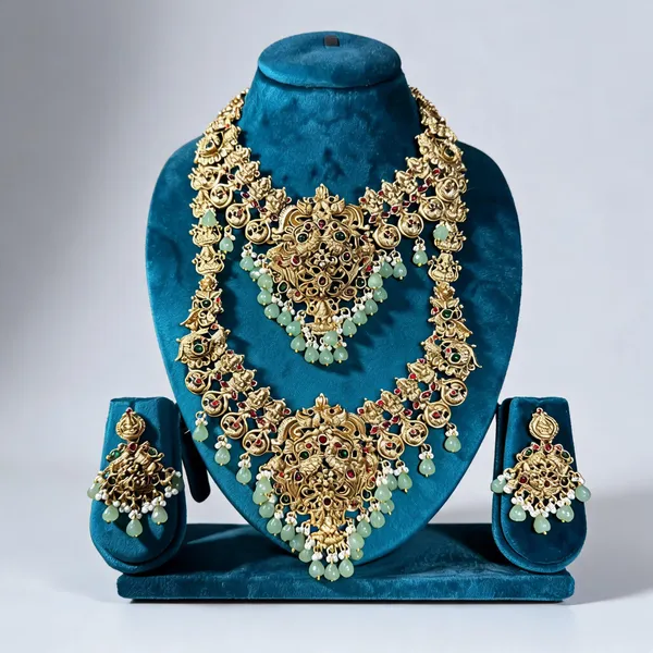 Gold_&_Mint_Green_Heavy_Brass_Bridal_Temple_Necklace_Set_For_Women