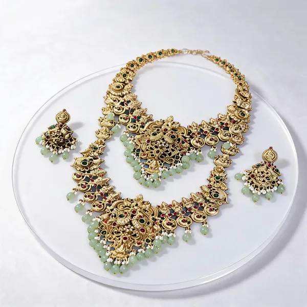 Gold_&_Mint_Green_Heavy_Brass_Bridal_Temple_Necklace_Set_For_Women
