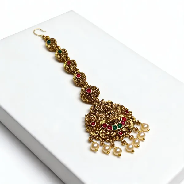 Red_&_Green_Heavy_Brass_Temple_Maang_Tikka_For_Women