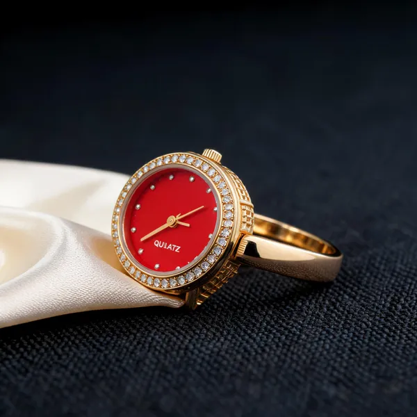 Gold_And_Red_Stainless_Steel_Red_Dial_Ring_Watch_For_Women