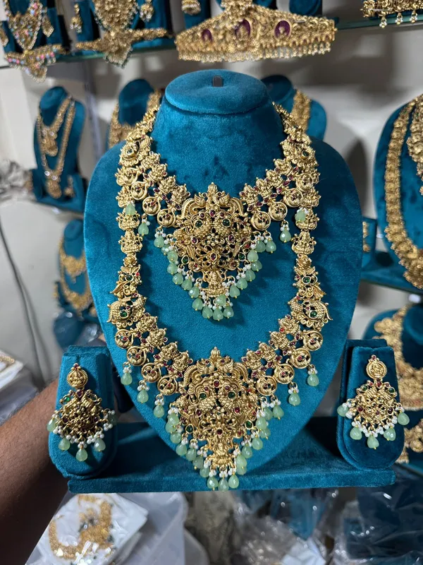 Gold_&_Mint_Green_Heavy_Brass_Bridal_Temple_Necklace_Set_For_Women