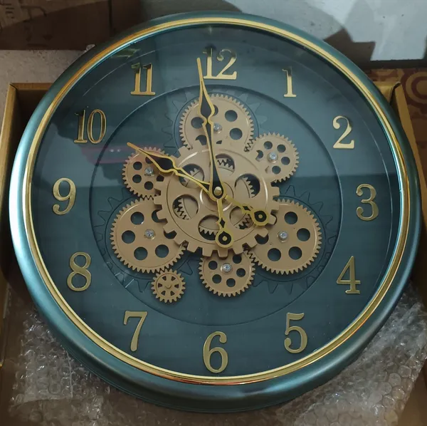 Metal_Vintage_Gear_Design_Teal_Gold_Tone_Wall_Clock