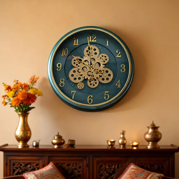 Metal_Vintage_Gear_Design_Teal_Gold_Tone_Wall_Clock
