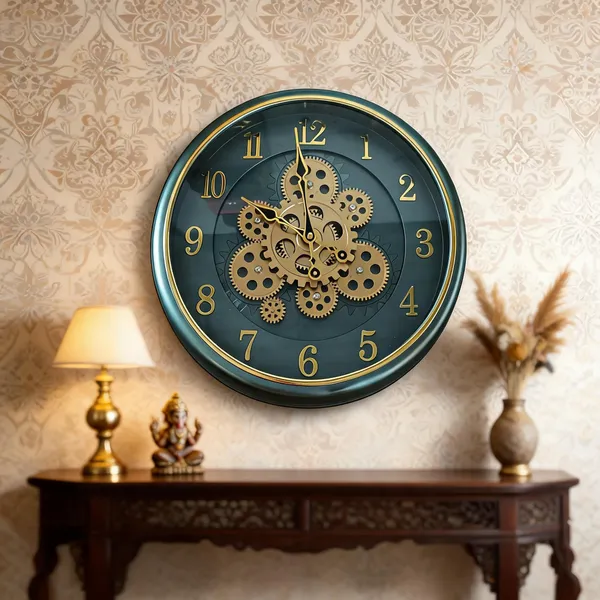 Metal_Vintage_Gear_Design_Teal_Gold_Tone_Wall_Clock
