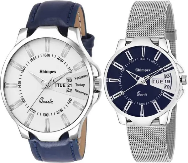 Premium_Watches_Blue_White_Genuine_Leather_Metal_Couple_Waterproof_With_A_One_Year_Warranty_Day_And_Date_Analog