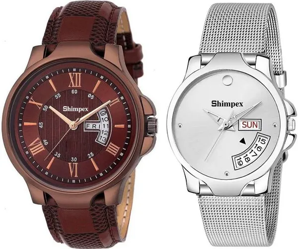 Premium_Watches_Silver_Brown_Stainless_Steel_Genuine_Leather_Boys_&_Girls_Waterproof_With_A_One_Year_Warranty_Day_And_Date_Analog