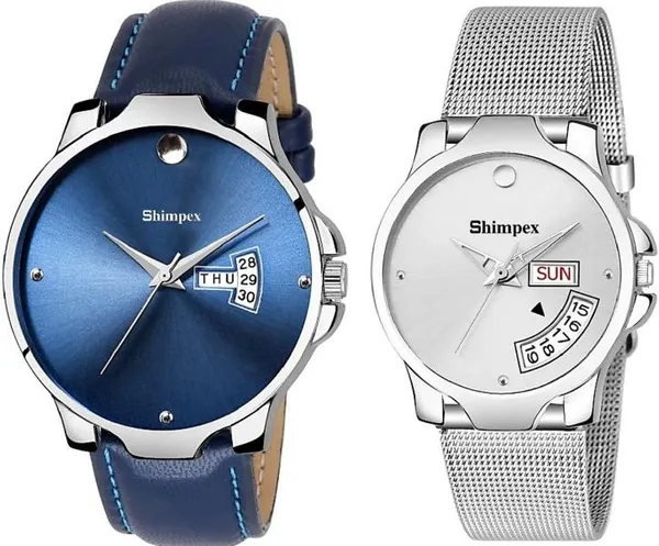 Premium_Watches_Silver_Blue_Stainless_Steel_Genuine_Leather_Men_&_Women_Waterproof_With_A_One_Year_Warranty_Day_And_Date_Analog