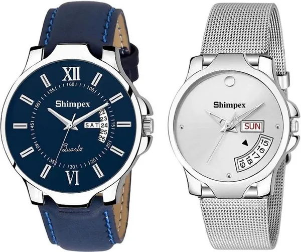 Premium_Watches_Silver_Blue_Stainless_Steel_Genuine_Leather_Men_&_Women_Waterproof_With_A_One_Year_Warranty_Day_And_Date_Analog