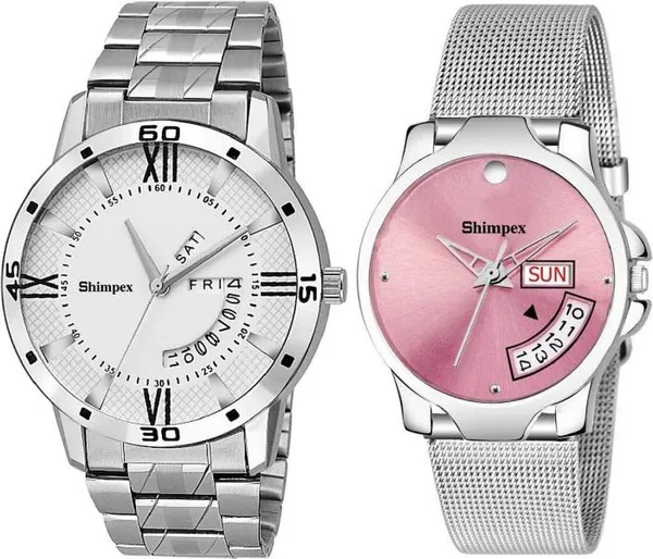 Premium_Watches_White_Pink_Stainless_Steel_Couple_Waterproof_With_A_One_Year_Warranty_Day_And_Date_Analog