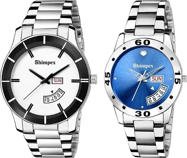 Premium_Watches_White_Blue_Stainless_Steel_Couple_Waterproof_With_A_One_Year_Warranty_Day_And_Date_Analog