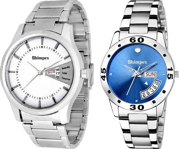 Premium_Watches_White_Blue_Stainless_Steel_Couple_Waterproof_With_A_One_Year_Warranty_Day_And_Date_Analog