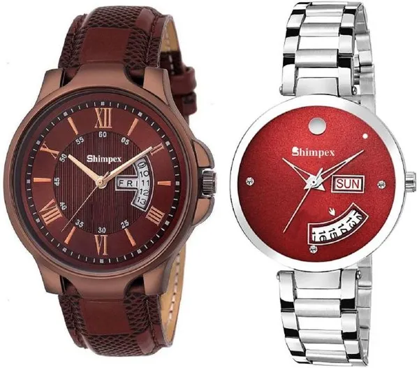 Premium_Watches_Brown_Red_Metal_Genuine_Leather_Couple_Waterproof_With_A_One_Year_Warranty_Day_And_Date_Analog