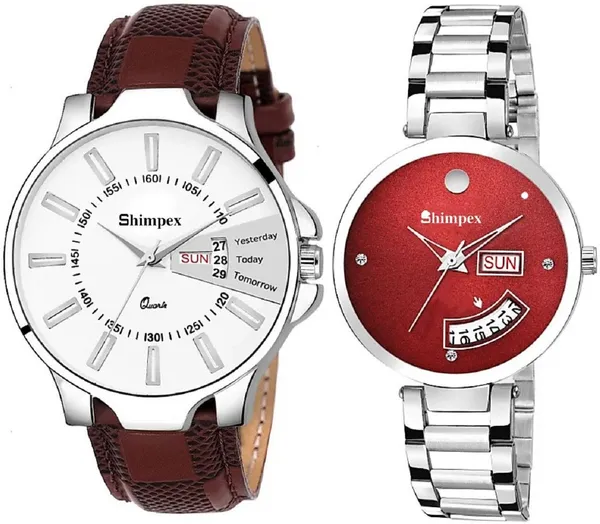 Premium_Watches_White_Red_Metal_Genuine_Leather_Couple_Waterproof_With_A_One_Year_Warranty_Day_And_Date_Analog