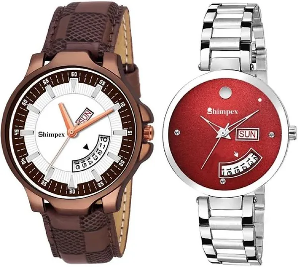 Premium_Watches_White_Red_Metal_Genuine_Leather_Couple_Waterproof_With_A_One_Year_Warranty_Day_And_Date_Analog