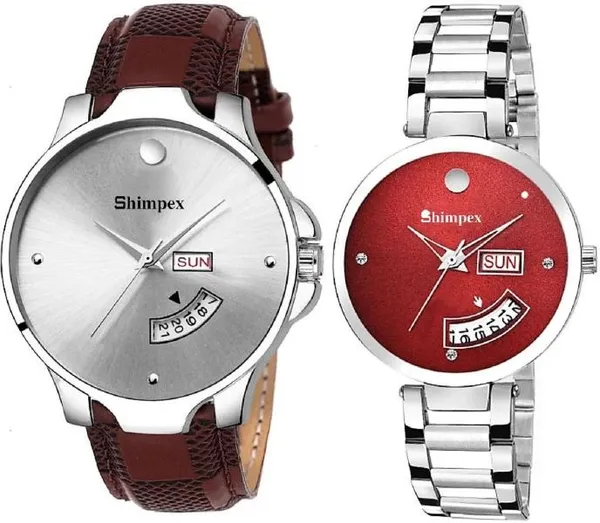 Premium_Watches_White_Red_Metal_Genuine_Leather_Couple_Waterproof_With_A_One_Year_Warranty_Day_And_Date_Analog