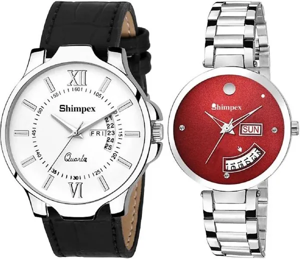 Premium_Watches_White_Red_Metal_Genuine_Leather_Couple_Waterproof_With_A_One_Year_Warranty_Day_And_Date_Analog