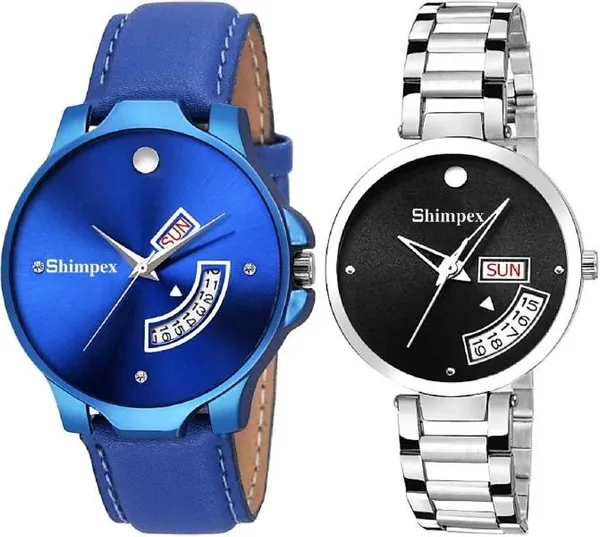 Premium_Watches_Blue_Black_Metal_Genuine_Leather_Couple_Waterproof_With_A_One_Year_Warranty_Day_And_Date_Analog