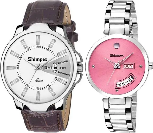 Premium_Watches_White_Pink_Genuine_Leather_Metal_Couple_Waterproof_With_A_One_Year_Warranty_Day_And_Date_Analog