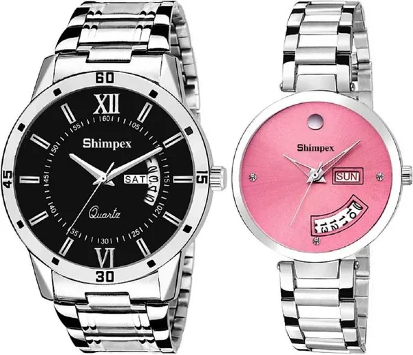 Premium_Watches_Black_Pink_Metal_Couple_Waterproof_With_A_One_Year_Warranty_Day_And_Date_Analog
