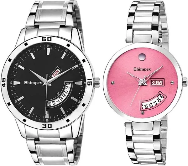 Premium_Watches_Black_Pink_Metal_Couple_Waterproof_With_A_One_Year_Warranty_Day_And_Date_Analog